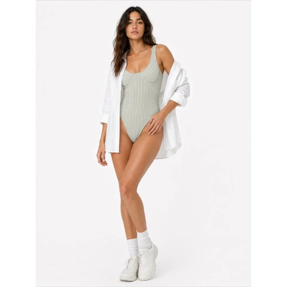 Anthropologie Mint Ribbed One Piece Swimsuit Sage Green Small Bodysuit Minimal